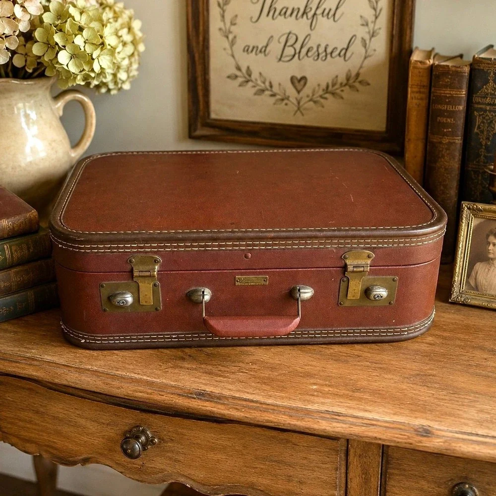 Vintage J.C. Higgins Luggage Suitcase Burgundy Pink Satin Interior 1950 Sears
